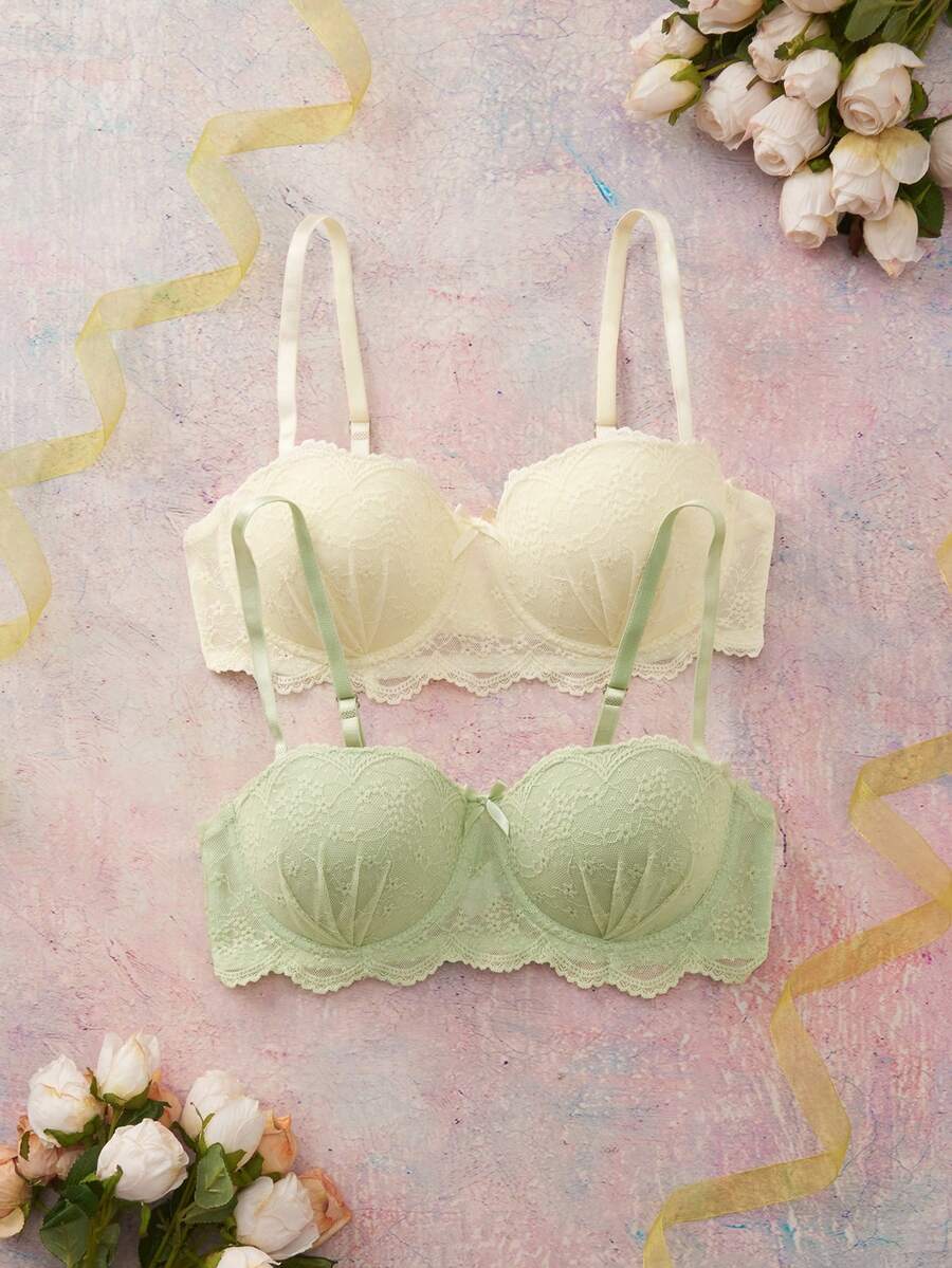 Elorette 2pcs Pink Women's Underwire Lace Bra Set - Multicolor - View 1