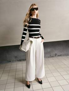 MOTF PREMIUM WOMEN'S STRIPED BUTTON DECOR CABLE KNIT SWEATER - Black and White - View 6