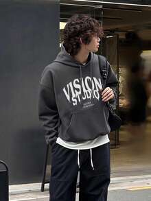 DAZY Autumn/Winter Thermal Lined Dark Gray & White Letter Print Loose Fit Cropped Hoodie For Men - Dark Grey - View 6
