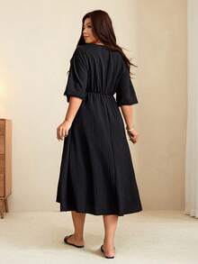 Edennvi Women's Plus Size Solid Color Contrast Lace Batwing Sleeve Elegant Casual Dress, Summer Vacation Formal Black - Black - View 2