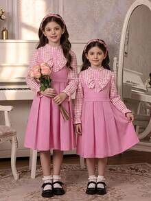 SHEIN Tween Girl Tween Girl Plaid Patchwork Pleated Casual Family Matching Cute Daily Holiday School Autumn Dress Back-To-School Pink Primary Middle Pinafore - Pink - View 4