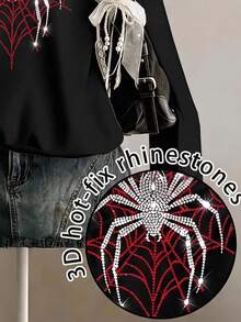 SHEIN EZwear 女款灰色寬鬆半拉鍊高領薄款套頭衛衣，胸前水鑽蜘蛛印花與花朵設計，加厚材質，適合秋冬穿著 - 黑色 - 查看 4