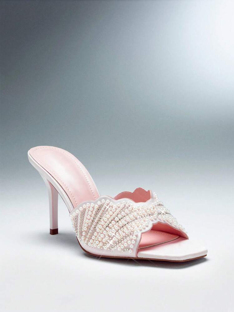 SHEIN SHUZIA Sandal Hak Slip-On Satin Bordir Mutiara Elegan untuk Wanita - Berwarna merah muda - View 5