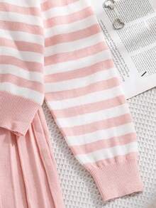 SHEIN 女童針織兩件套，粉色可愛刺繡兔子格紋毛衣 + 針織迷你裙，青少年女款長袖V領套頭衫，休閒優雅風，適合秋冬 - 粉色 - 查看 4