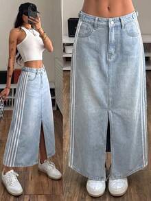 StreetHx 撞色條紋開衩下擺牛仔裙 - 藍色 - 查看 8