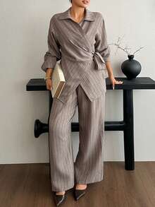 Dazy Plus Fashion Striped Casual Asymmetric Waist Tie Design Long Pants Fun Commute Spring/Autumn 2 Pieces Set - Brown - View 4