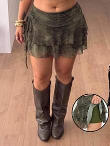 Muchica Falda línea A de talla grande con detalle de cordón lateral, ropa de primavera y verano - Verde - Ver 3