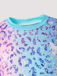 SHEIN 女童彩虹豹紋休閒簡約短袖寬鬆T恤與長褲兩件套，適合秋季日常穿著，時尚風格 - 彩色 - 查看 6