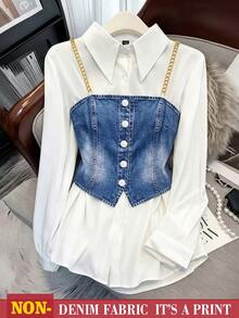 GlowEve CURVE Spring/Autumn New Commuter Casual Elegant Versatile Multi-Occasion Outfit Faux Denim Digital Print Chain Strap Tank Top And Shirt 2-Piece Set - Blue and White - View 3