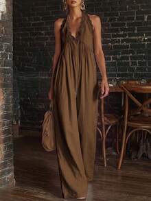 EMERY ROSE Celana Panjang Wanita Kasual Tenun Model Lebar untuk Musim Panas - Coffee Brown - View 1