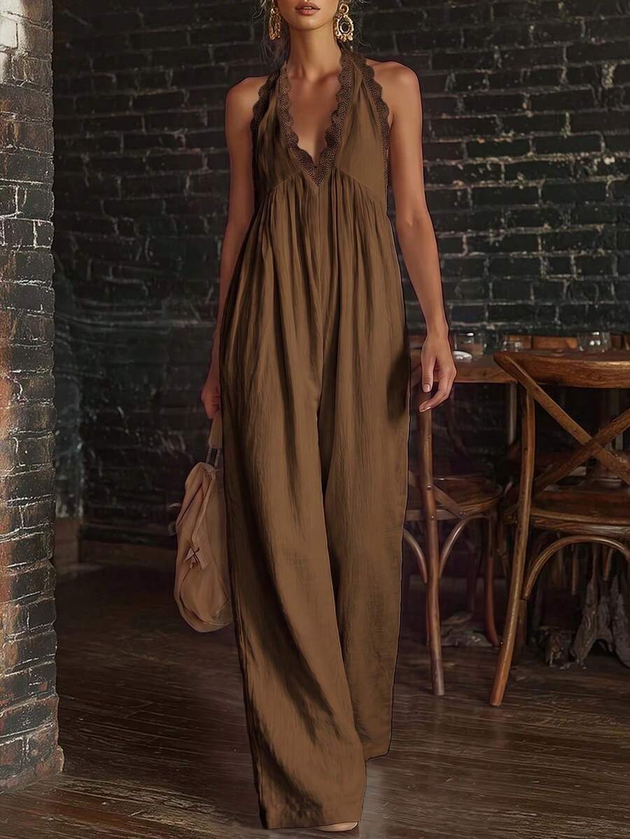 EMERY ROSE Celana Panjang Wanita Kasual Tenun Model Lebar untuk Musim Panas - Coffee Brown - View 1
