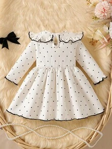 SHEIN Newborn Baby Girls A-Line Dress Sweet Elegant Beige Black Polka Dot Bow Ruffle Long Sleeve Ruffled Collar Birthday Party Fall Cozy Ballet Ribbed Knit - Apricot - View 4