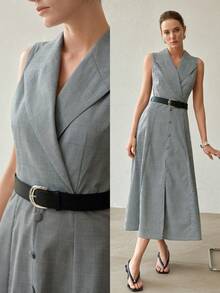 MOTF PREMIUM GAUN WANITA MODEL BARU KASUAL LONGGAR BERGARIS-GARIS KOTAK-KOTAK DENGAN IKAT PINGGANG, PANJANG SEDANG - Grey - View 8