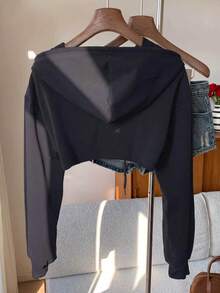 SHEIN EZwear 抽繩設計超短版休閒衛衣，黑白配色，秋冬長袖上衣，海軍藍女款衛衣 - 藏蓝色 - 查看 2