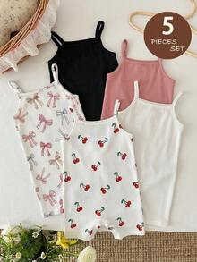 SHEIN Set de 5 piezas de mono informal para bebé niña con patrón de corazón de unicolor tejido - Multicolor - Ver 2