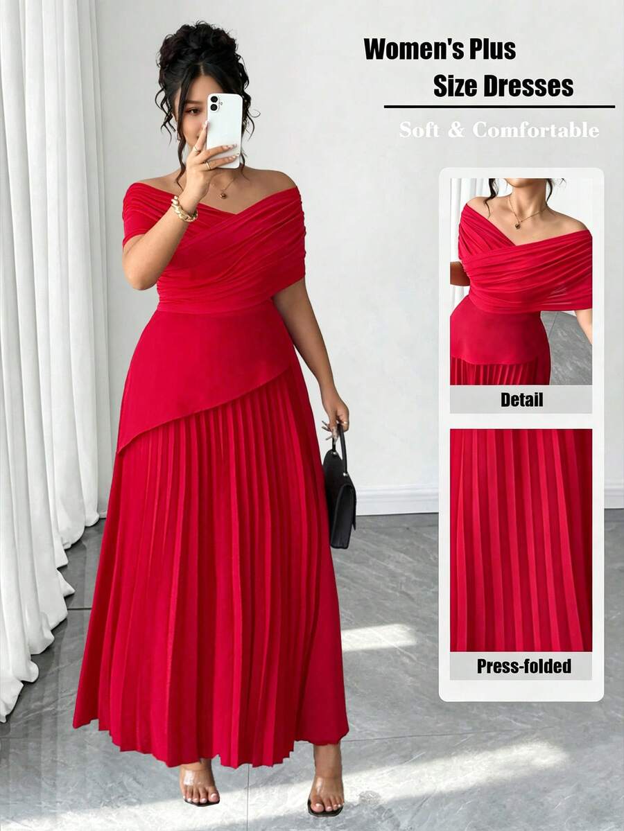 Elenzga Plus-Size Women's Elegant Romantic Holiday Off-The-Shoulder Summer Dress - Red - View 1