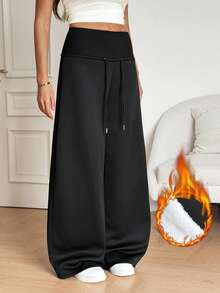 SHEIN Tall Women's Solid Color Drawstring Waist Wide Leg Loose Athletic Pants - Black - View 5