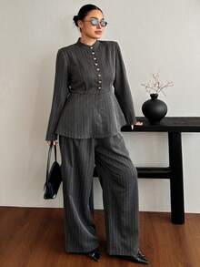 Dazy Plus Autumn/Winter High Neck Waist-Cinching Striped Top & Casual Long Pants 2 Pieces Set, Fun Commuter Style - Grey - View 4