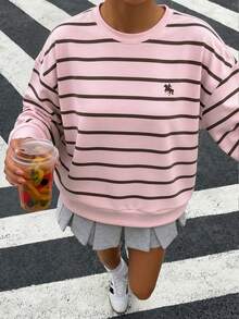 青少年女孩休閒簡約寬鬆舒適長袖圓領衛衣，適合秋冬穿著 - 彩色 - 查看 3