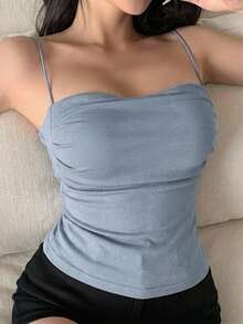 DAZY Built-In Padded Ruched Design Fitted Camisole Tank Top - Baby Blue - View 5