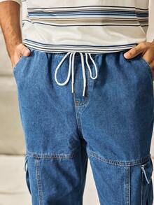 Norleigh Loose Drawstring Solid Color Men's Jogger Cargo Jeans With Flap Pockets On Sides - Medium Wash - View 5