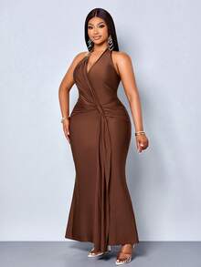 SOLERSUN V-Neck Halter Backless Mermaid Long Dress, Metal Buckles Flowing Satin Ribbons, Parties Formal Wedding Guest Evening Events Brown Summer Elegant - Coffee Brown - View 2