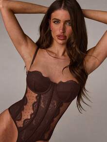 SHEIN BAE 女款性感蕾絲波點網紗拼接細肩帶背心 - 咖啡棕 - 查看 1