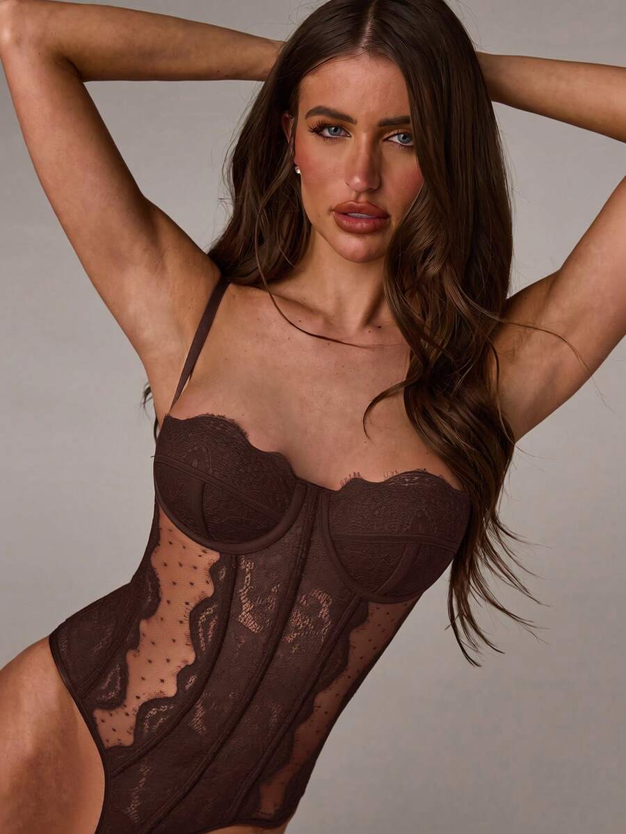 SHEIN BAE 女款性感蕾絲波點網紗拼接細肩帶背心 - 咖啡棕 - 查看 1