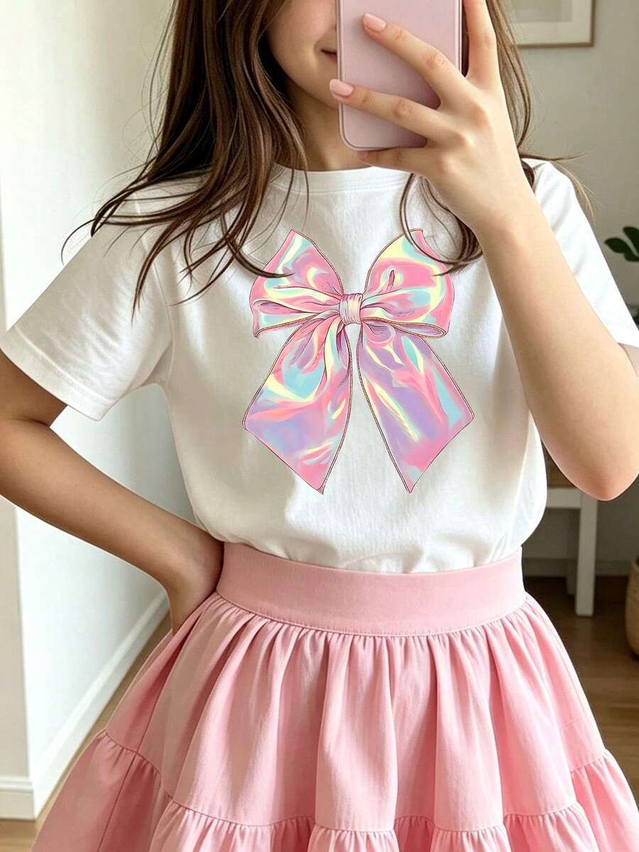 Souflis Souflis 女童可愛清新活力粉色蝴蝶結圖案印花基本款白色短版T恤夏季上衣舒適休閒風穿搭上衣 - 白色 - 查看 1
