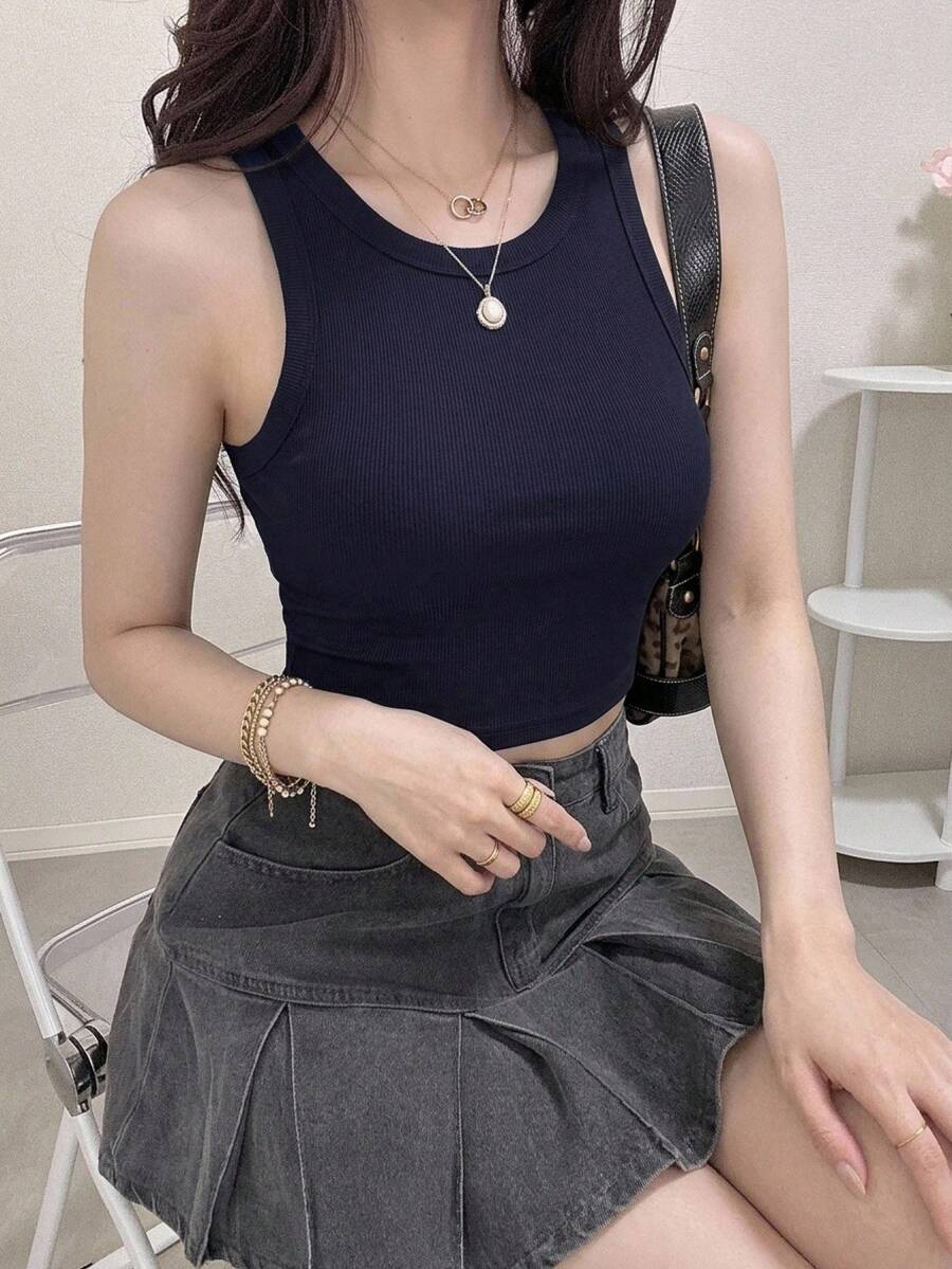 DAZY Women's Slim Fitted Solid Color Tank Top, Summer - Navy Blue - View 1