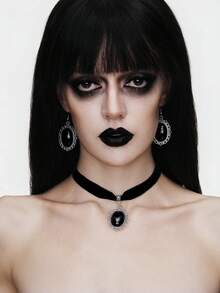 MortiRose 3pcs Gothic Style Black Gem Choker Necklace, Pendant & Earrings Set For Women, Retro Punk Jewelry - Multicolor - View 7