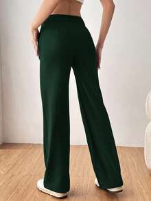 SHEIN EZwear 女款素色直筒西裝長褲 秋冬款 - 墨綠色 - 查看 2