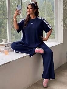 SHEIN EZwear 大尺碼女款字母印花拼色長袖上衣與長褲休閒套裝 - 藏蓝色 - 查看 4