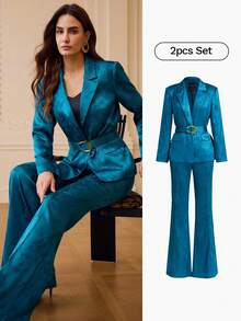 ZEYLAH Women's Elegant Party Jacquard Jacket & Pants 2 Pieces Set - Blue - View 8