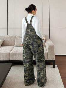 Dazy Plus Camouflage Print Pocket Casual Streetwear Sweet Cool Loose Fit Long Denim Overalls Plus Size Women Spring Summer - Army Green - View 2