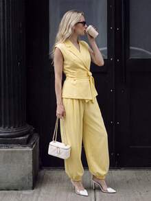 Airaco Women's Solid Color Pleated Top And Pants Casual Daily Set - Yellow - View 1