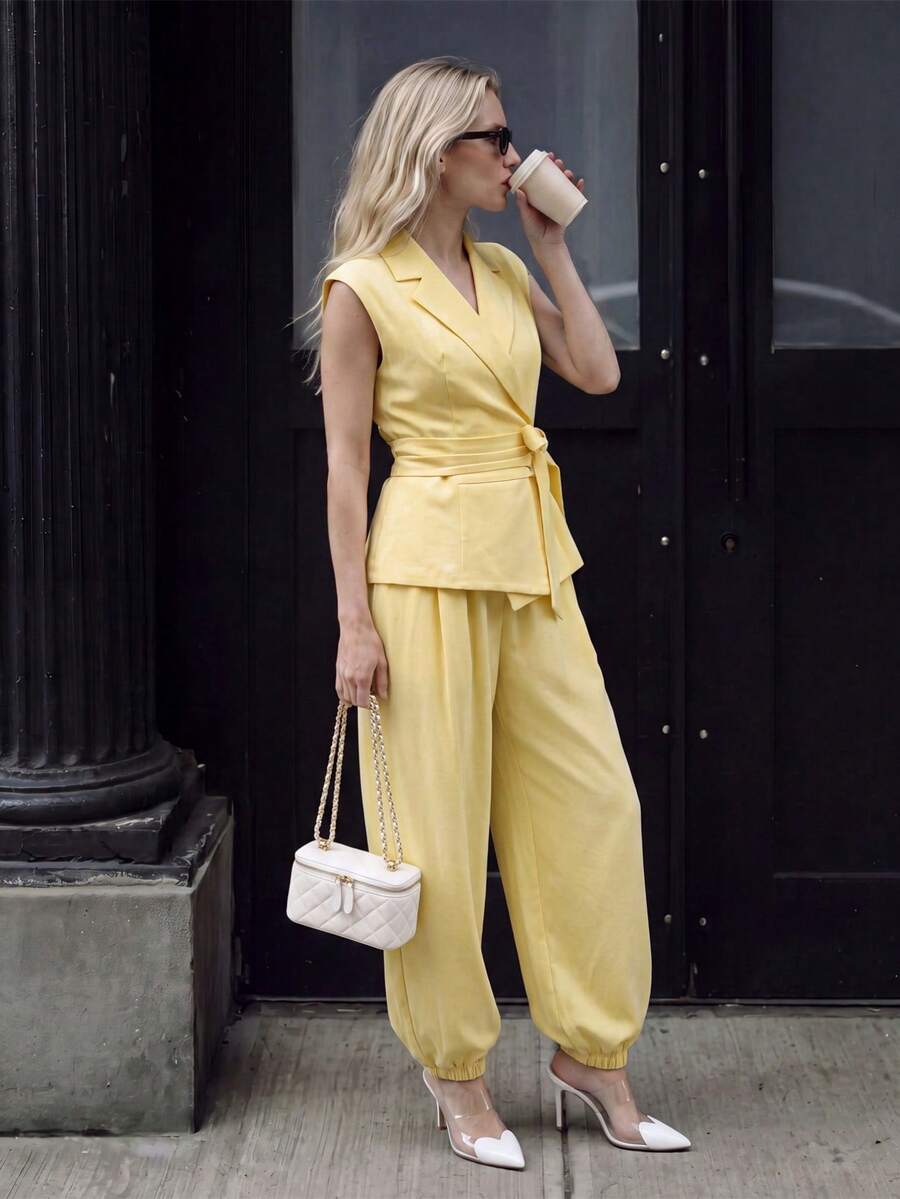 Airaco Women's Solid Color Pleated Top And Pants Casual Daily Set - Yellow - View 1