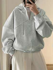 INAWLY Plus Size Women's Solid Color Drop Shoulder Long Sleeve Zipper Front Drawstring Hooded Sweatshirt - Light Grey - View 1