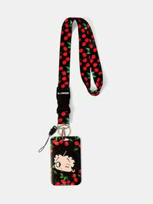 Betty Boop x SHEIN Red Black Cherry Multifunctional Combo Keychain Badge Holder Detachable Neck Lanyard , Cute Cartoon Card Cover Keychain, Bag Pendant - red and black - View 3