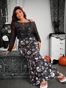 SHEIN EZwear Plus Size Skull & Floral Print Mermaid Dress With Asymmetrical Shoulder Sheer Top 2 Pieces Set Fall - Black and White - View 4