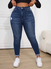 SHEIN ICON 大尺碼牛仔長褲 休閒修身彈性破洞藍色 - 深色水洗藍 - 查看 5