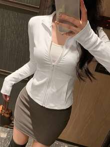 DAZY 女款休閒運動拉鍊夾克，標準版型，春秋女裝薄款外套 - 白色 - 查看 7