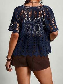 Easowa Curve Plus-Sized Women'S Summer Apricot-Colored Cut-Out Woolen Cardigan With Short Sleeves And Straps - Navy Blue - View 2