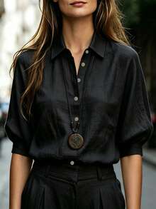 SHEIN Women's Linen Casual Commute Lazy Long Sleeve Shirt - Black - View 3