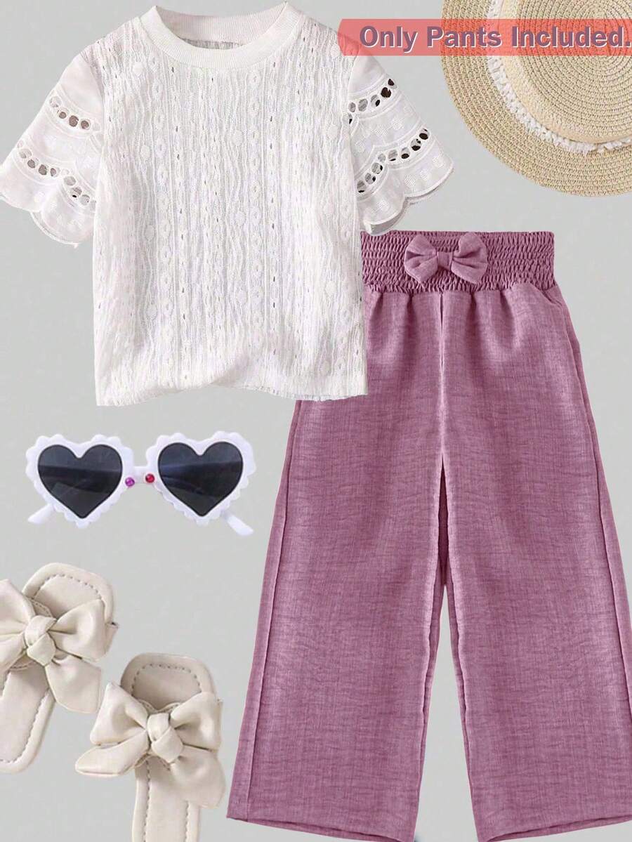 SHEIN Elladie kids 少女束腰可爱3D蝴蝶结装饰休闲阔腿裤 - 中紫紅色 - 查看 1