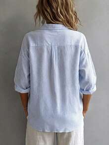 Breezaya Plus Size Women's Striped Drop Shoulder Sleeve Button Half Placket Casual Shirt - Blue - View 2