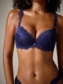DreamPoppy 1pc Lace Floral Comfortable Padded Underwire Bra, Sexy Lift-Up Lingerie - Blue - View 8