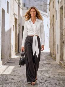 Hansera Women's Winter Solid Color Long Sleeve White Short Blouse - White - View 2
