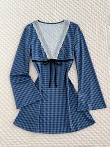 Elamini Plaid Lace Trim Tie-Front Dress - Multicolor - View 3