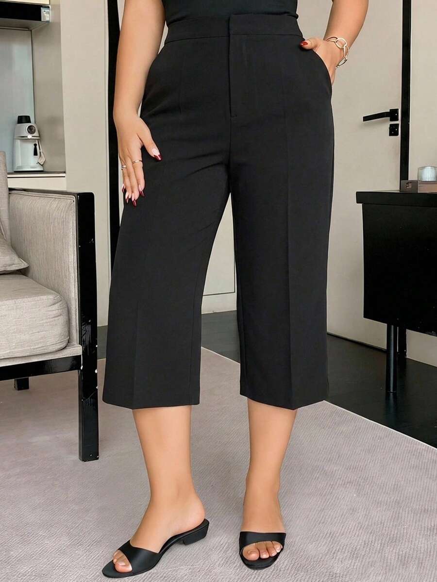 Dazy Plus Plus Size Solid Color Loose Straight Leg Casual Black Pants, All Season Long Style Summer - Black - View 1
